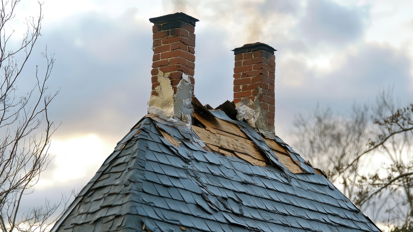 Damaged roof with exposed wood and two brick chimneys against a cloudy sky