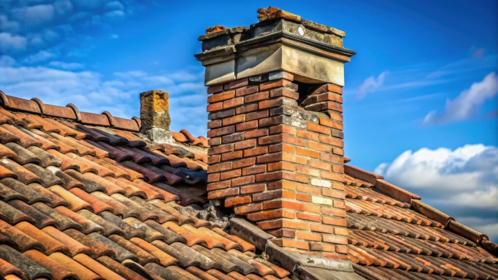Brick chimney on a roof with terracotta tiles under a blue sky