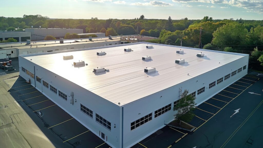 Aerial view of a large white warehouse with a flat roof and HVAC units