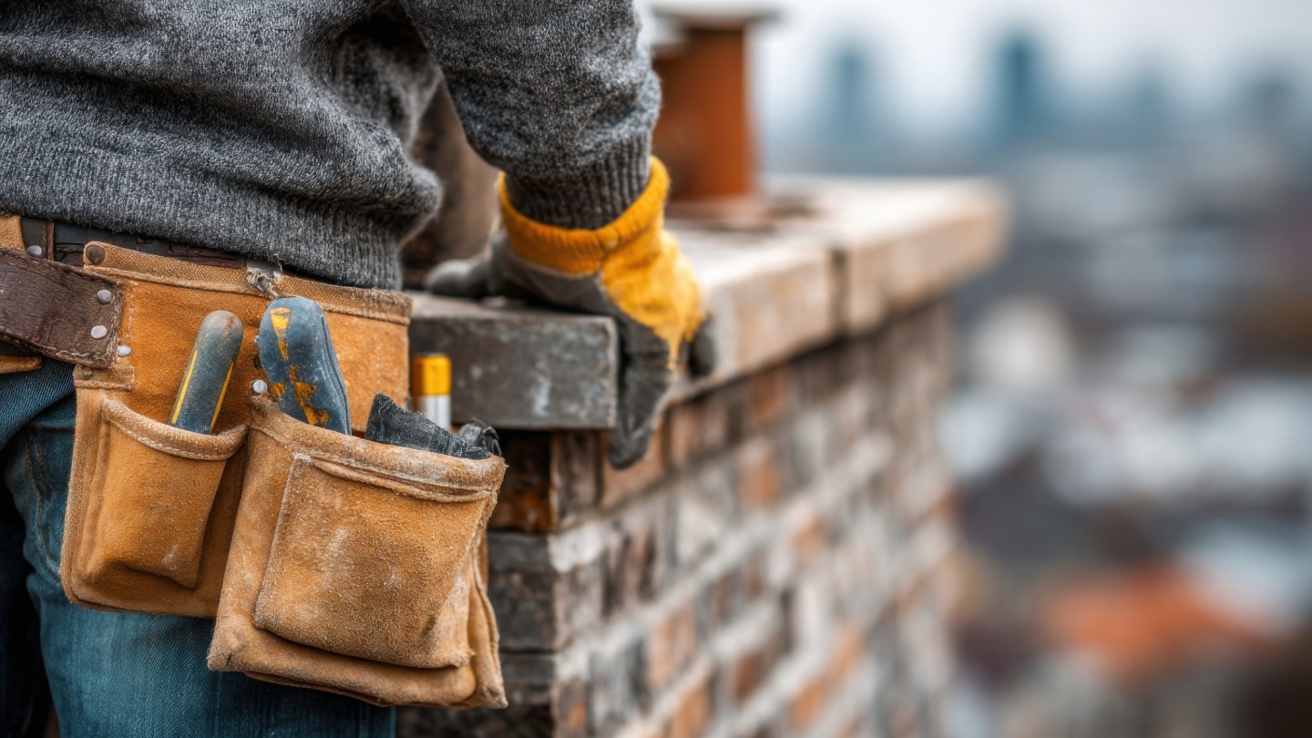 Close-up of a worker with tools in a leather tool belt standing at a brick wall