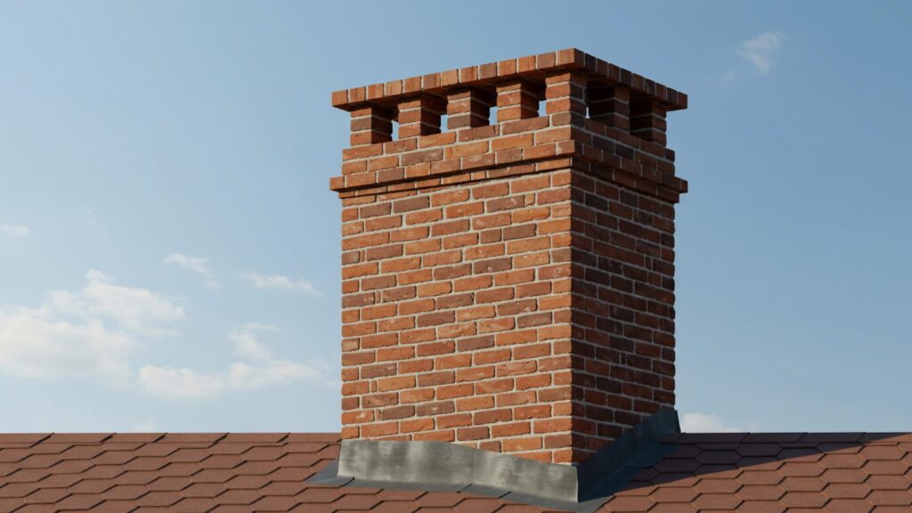 Red brick chimney on a brown shingle roof against a clear blue sky