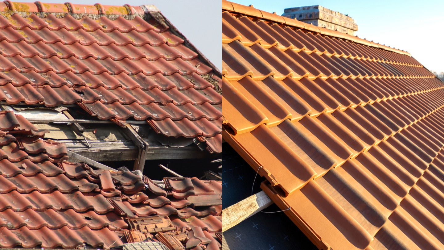 Comparison of an old damaged roof and a newly installed roof with red tiles