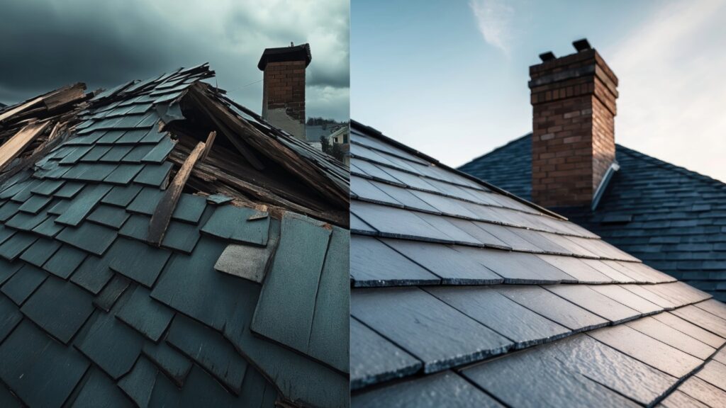 Comparison of a damaged roof on the left and a newly repaired roof on the right with chimneys in the background