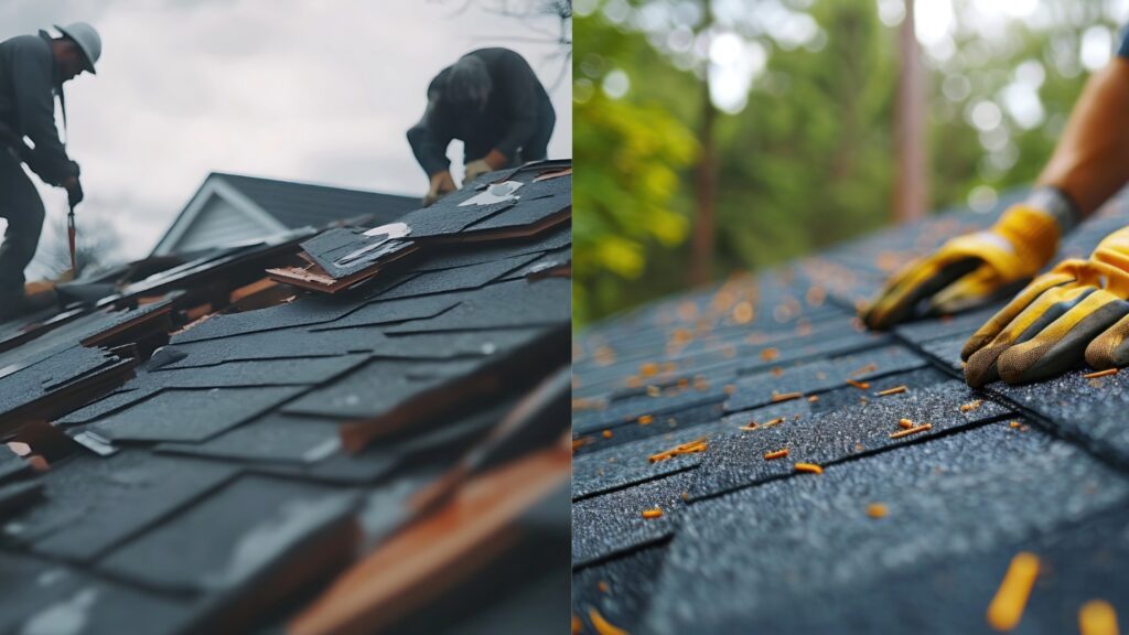 Roofing workers installing and inspecting shingles on a rooftop