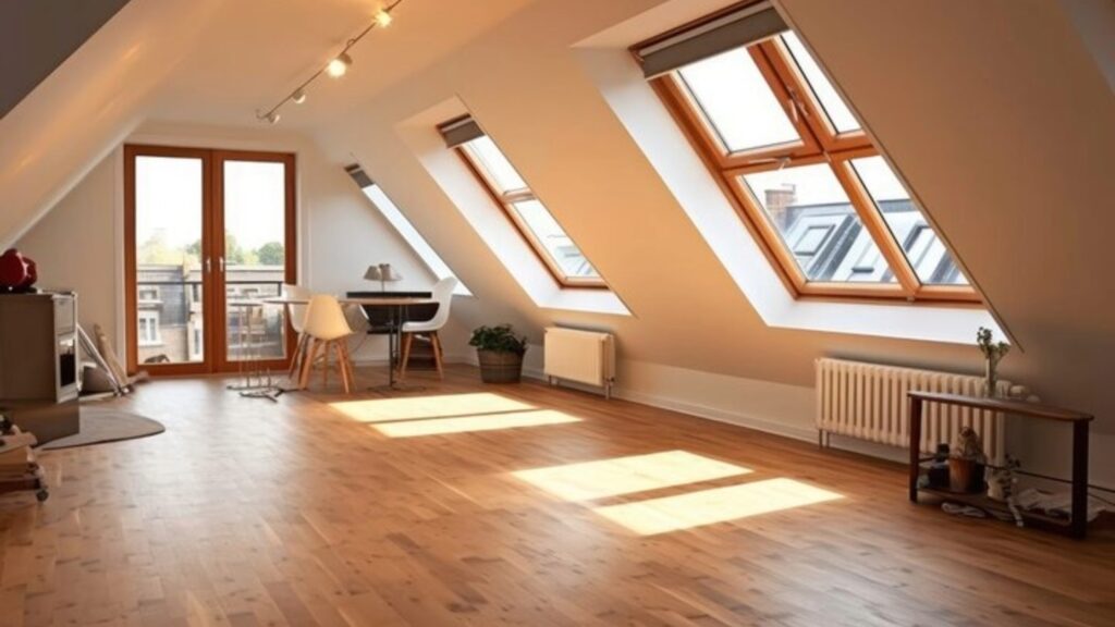 Spacious attic room with skylight windows and wooden flooring